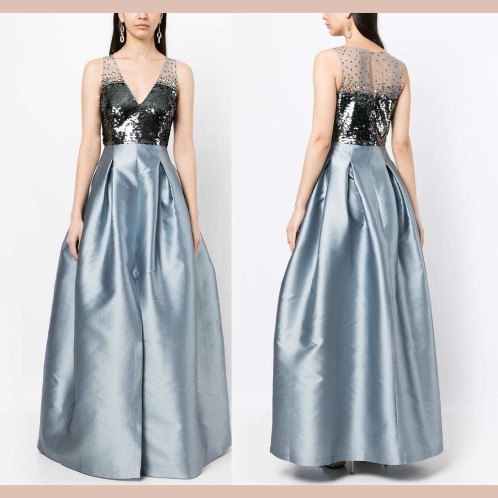 NWT $995 SACHIN & BABI [‎ 8 ] A Line Sequin Erica Ball Gown Silver Ash Blue